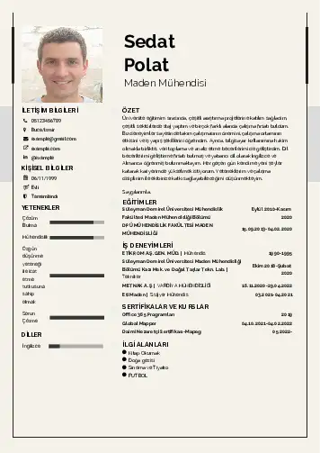 Maden Mühendisi Cv Örnekleri cv indir